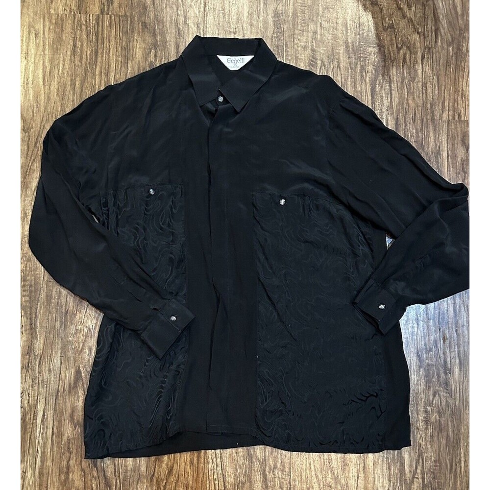 Vintage Genelli 100% Silk Button Up Shirt Mens XL Ornate Design Long Sleeve 90’s